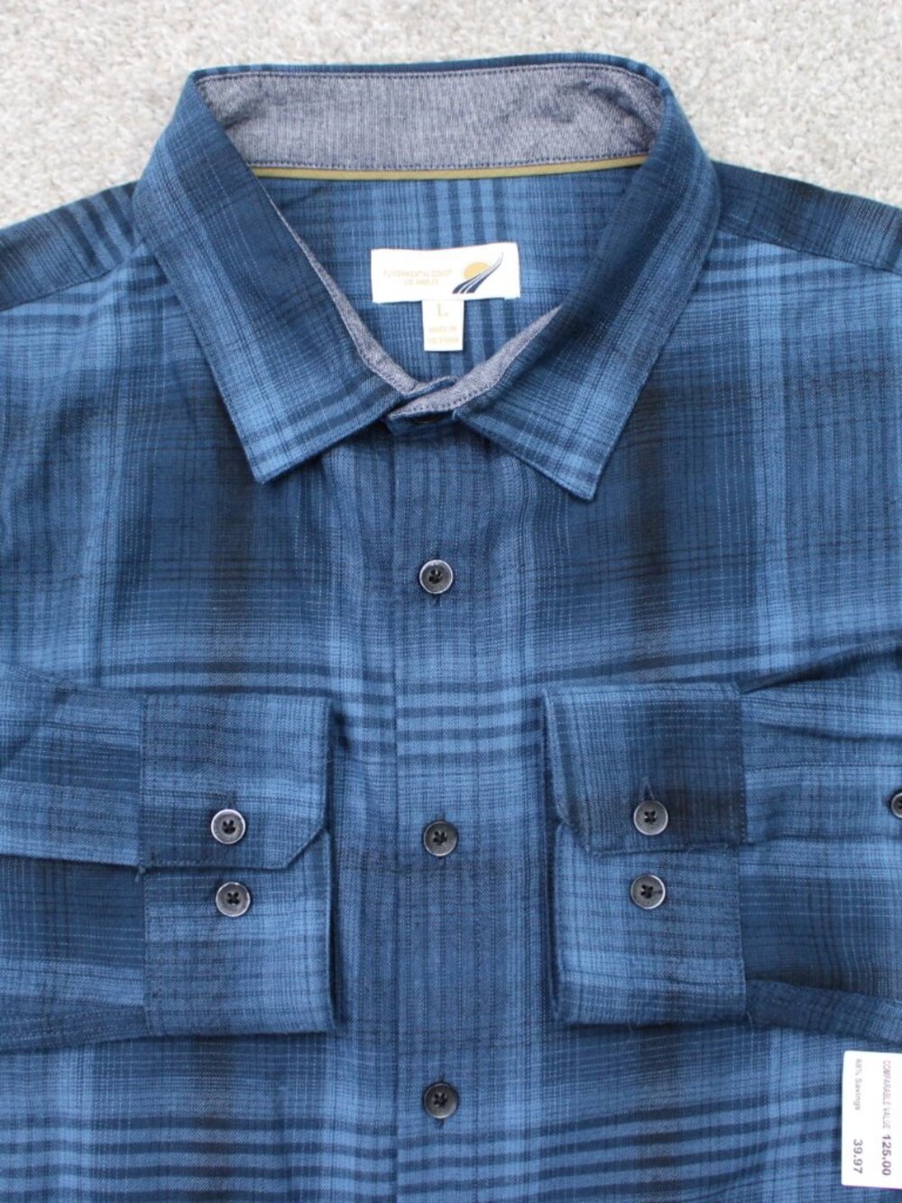 Fundamental Coast Shirt NWT Mens Large Blue Plaid Cotton/Poly Blend Long Sleeve